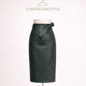 Green Faux Leather Midi Skirt Size M | Belted